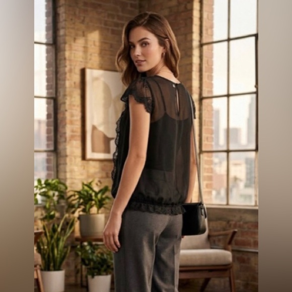 RW&CO | Sheer black lace blouse with key hole on back | size S